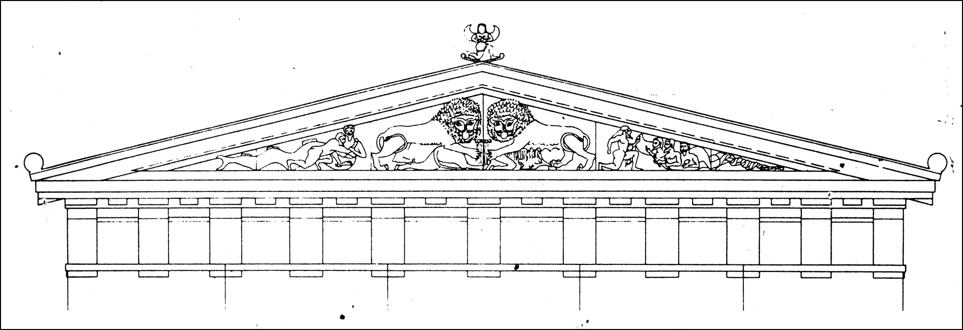 3b. Ubekendt teknisk tegner: Skulpturel udsmykning af vestgavlen på det første Athenetempel på Akropolis, ca. 570 f.Kr.